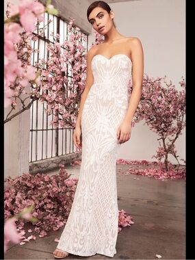 Lulus White Strapless Sequin White Art-Deco Mermaid Flare Wedding Formal Dress
